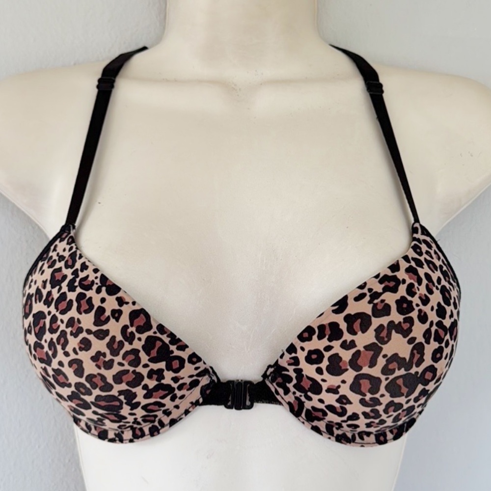 Black and tan leopard print push up lace racerback front closure bra size 34A